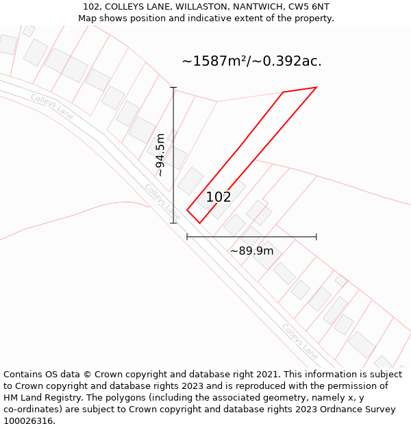 102, COLLEYS LANE, WILLASTON, NANTWICH, CW5 6NT: Plot and title map