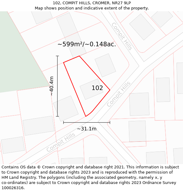 102, COMPIT HILLS, CROMER, NR27 9LP: Plot and title map