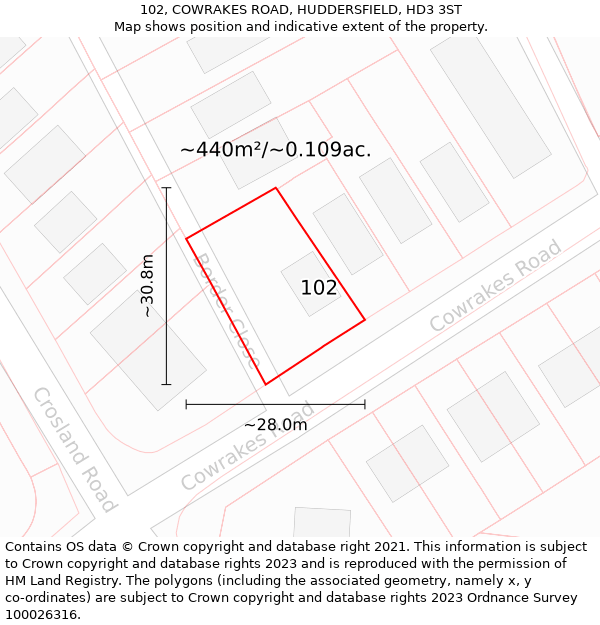 102, COWRAKES ROAD, HUDDERSFIELD, HD3 3ST: Plot and title map
