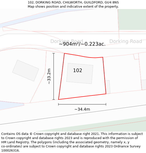 102, DORKING ROAD, CHILWORTH, GUILDFORD, GU4 8NS: Plot and title map