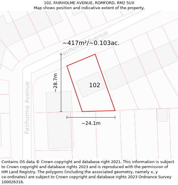 102, FAIRHOLME AVENUE, ROMFORD, RM2 5UX: Plot and title map