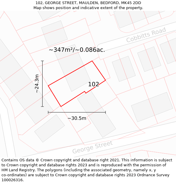 102, GEORGE STREET, MAULDEN, BEDFORD, MK45 2DD: Plot and title map