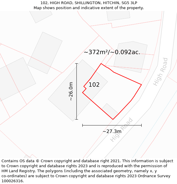 102, HIGH ROAD, SHILLINGTON, HITCHIN, SG5 3LP: Plot and title map