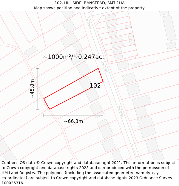 102, HILLSIDE, BANSTEAD, SM7 1HA: Plot and title map