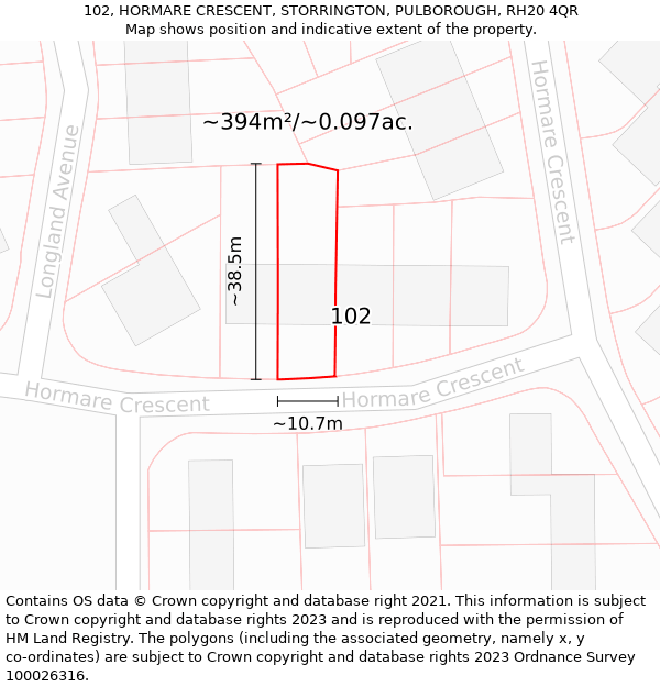 102, HORMARE CRESCENT, STORRINGTON, PULBOROUGH, RH20 4QR: Plot and title map