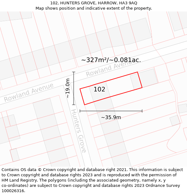 102, HUNTERS GROVE, HARROW, HA3 9AQ: Plot and title map