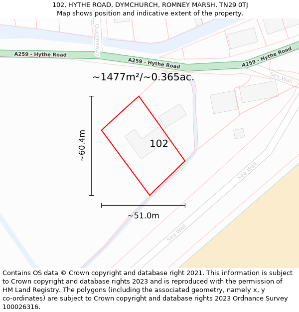 102, HYTHE ROAD, DYMCHURCH, ROMNEY MARSH, TN29 0TJ: Plot and title map