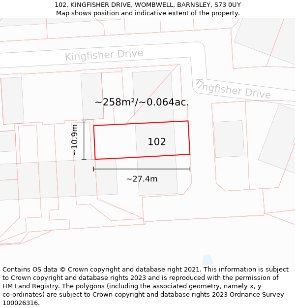 102, KINGFISHER DRIVE, WOMBWELL, BARNSLEY, S73 0UY: Plot and title map