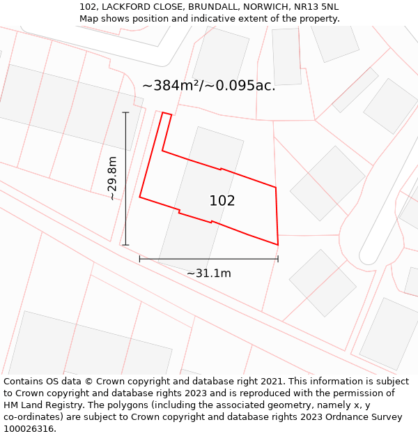 102, LACKFORD CLOSE, BRUNDALL, NORWICH, NR13 5NL: Plot and title map