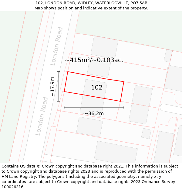 102, LONDON ROAD, WIDLEY, WATERLOOVILLE, PO7 5AB: Plot and title map