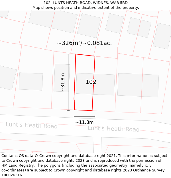 102, LUNTS HEATH ROAD, WIDNES, WA8 5BD: Plot and title map