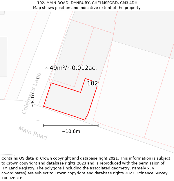 102, MAIN ROAD, DANBURY, CHELMSFORD, CM3 4DH: Plot and title map