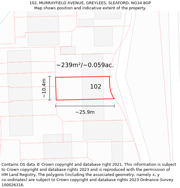 102, MURRAYFIELD AVENUE, GREYLEES, SLEAFORD, NG34 8GP: Plot and title map