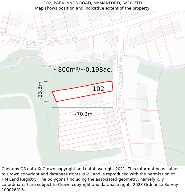 102, PARKLANDS ROAD, AMMANFORD, SA18 3TD: Plot and title map