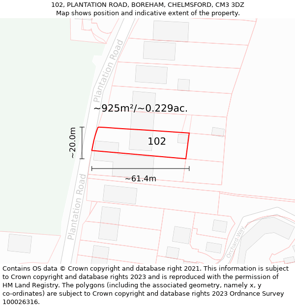 102, PLANTATION ROAD, BOREHAM, CHELMSFORD, CM3 3DZ: Plot and title map