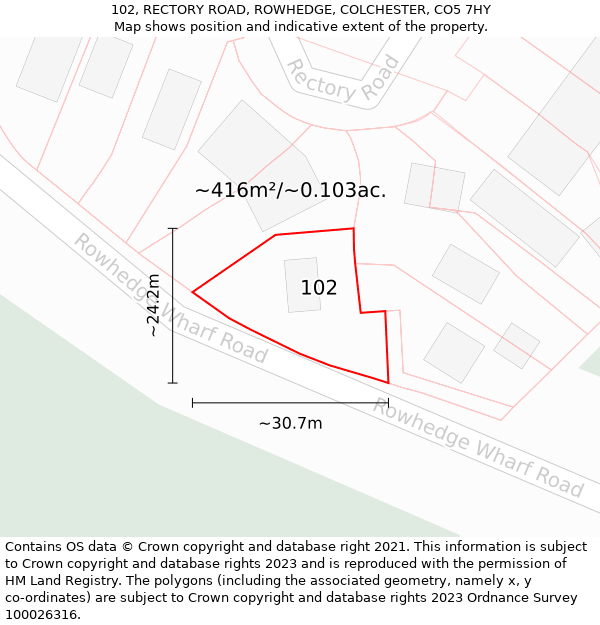 102, RECTORY ROAD, ROWHEDGE, COLCHESTER, CO5 7HY: Plot and title map