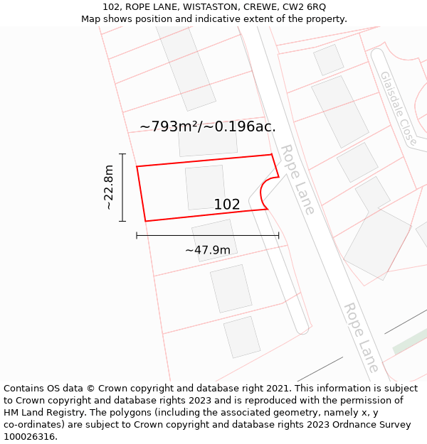 102, ROPE LANE, WISTASTON, CREWE, CW2 6RQ: Plot and title map