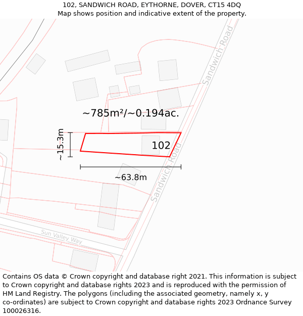 102, SANDWICH ROAD, EYTHORNE, DOVER, CT15 4DQ: Plot and title map