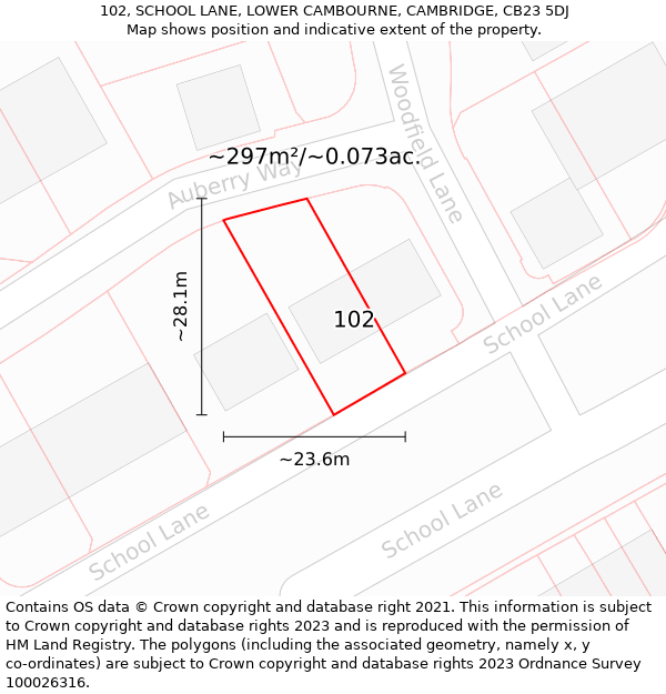 102, SCHOOL LANE, LOWER CAMBOURNE, CAMBRIDGE, CB23 5DJ: Plot and title map