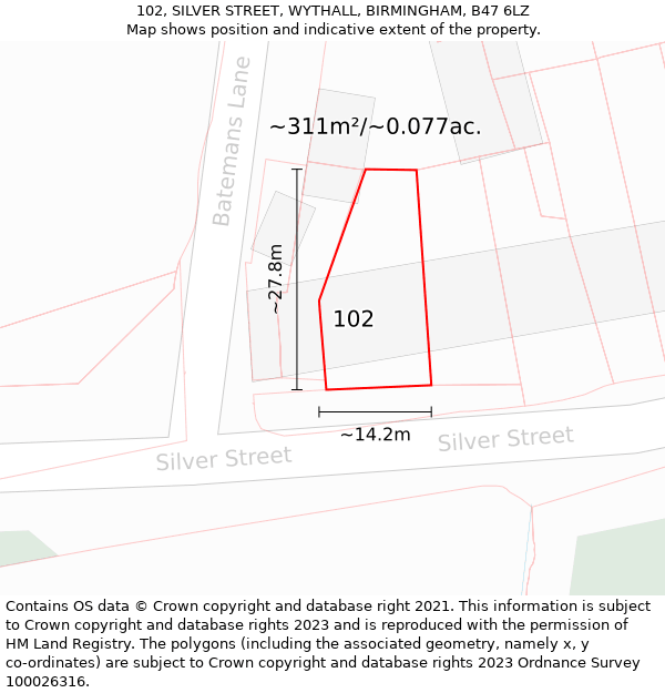 102, SILVER STREET, WYTHALL, BIRMINGHAM, B47 6LZ: Plot and title map