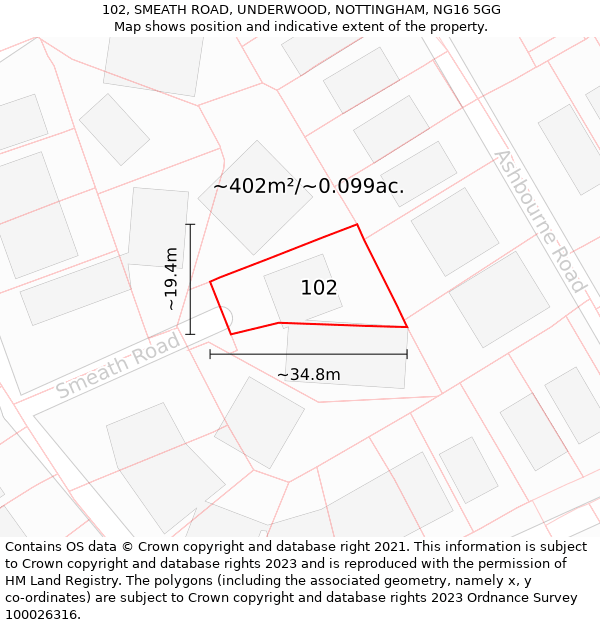 102, SMEATH ROAD, UNDERWOOD, NOTTINGHAM, NG16 5GG: Plot and title map