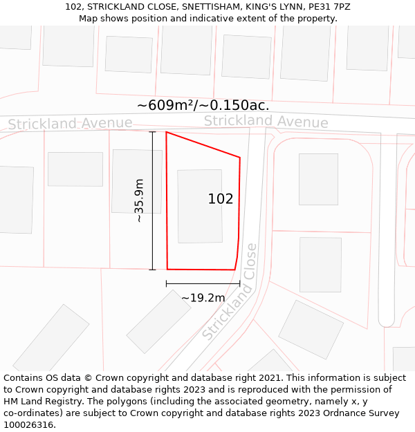 102, STRICKLAND CLOSE, SNETTISHAM, KING'S LYNN, PE31 7PZ: Plot and title map