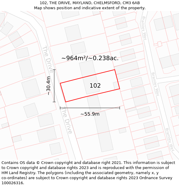 102, THE DRIVE, MAYLAND, CHELMSFORD, CM3 6AB: Plot and title map