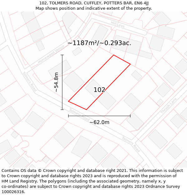 102, TOLMERS ROAD, CUFFLEY, POTTERS BAR, EN6 4JJ: Plot and title map