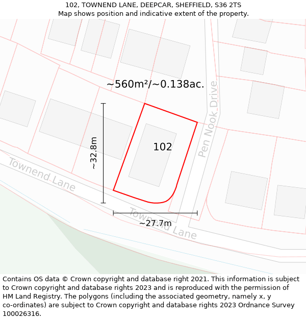 102, TOWNEND LANE, DEEPCAR, SHEFFIELD, S36 2TS: Plot and title map