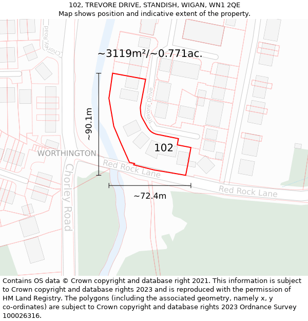 102, TREVORE DRIVE, STANDISH, WIGAN, WN1 2QE: Plot and title map