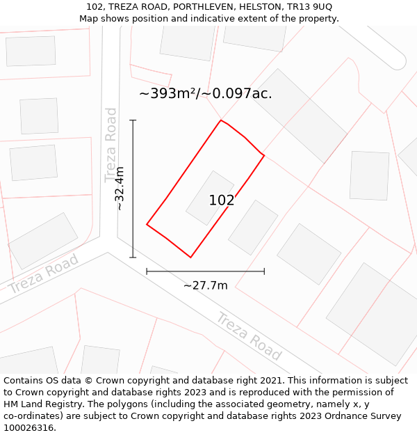 102, TREZA ROAD, PORTHLEVEN, HELSTON, TR13 9UQ: Plot and title map