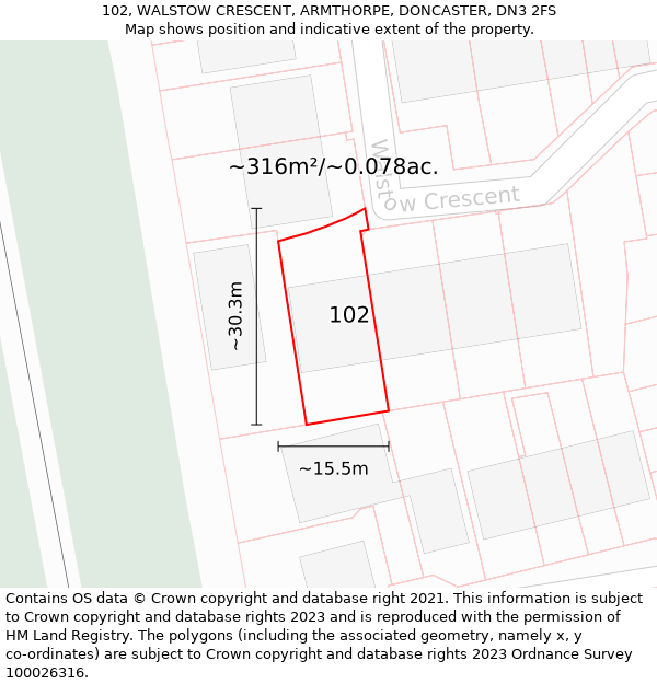 102, WALSTOW CRESCENT, ARMTHORPE, DONCASTER, DN3 2FS: Plot and title map