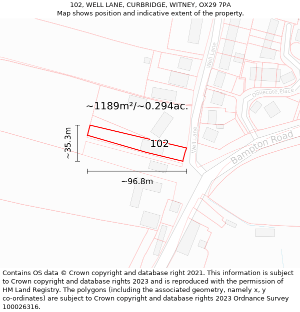 102, WELL LANE, CURBRIDGE, WITNEY, OX29 7PA: Plot and title map