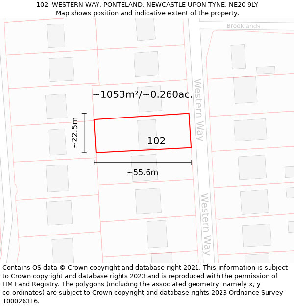 102, WESTERN WAY, PONTELAND, NEWCASTLE UPON TYNE, NE20 9LY: Plot and title map