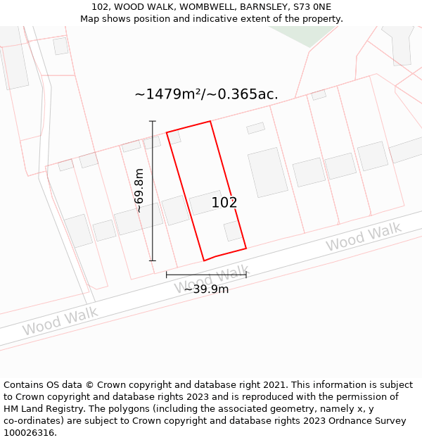 102, WOOD WALK, WOMBWELL, BARNSLEY, S73 0NE: Plot and title map