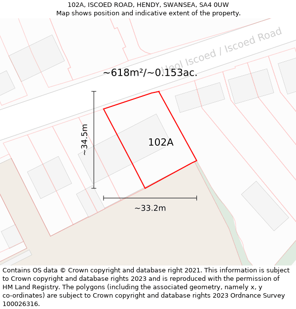 102A, ISCOED ROAD, HENDY, SWANSEA, SA4 0UW: Plot and title map