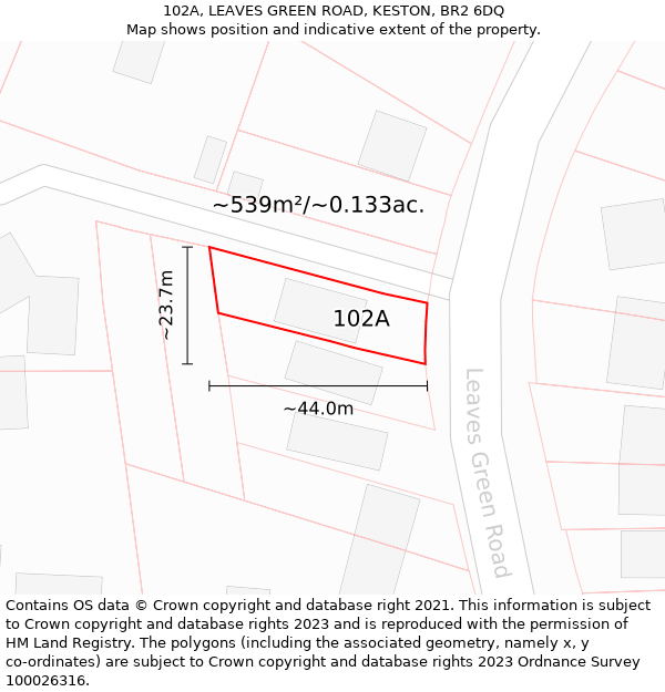 102A, LEAVES GREEN ROAD, KESTON, BR2 6DQ: Plot and title map