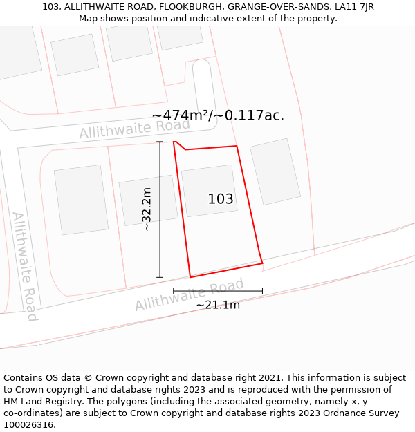 103, ALLITHWAITE ROAD, FLOOKBURGH, GRANGE-OVER-SANDS, LA11 7JR: Plot and title map