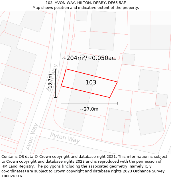 103, AVON WAY, HILTON, DERBY, DE65 5AE: Plot and title map