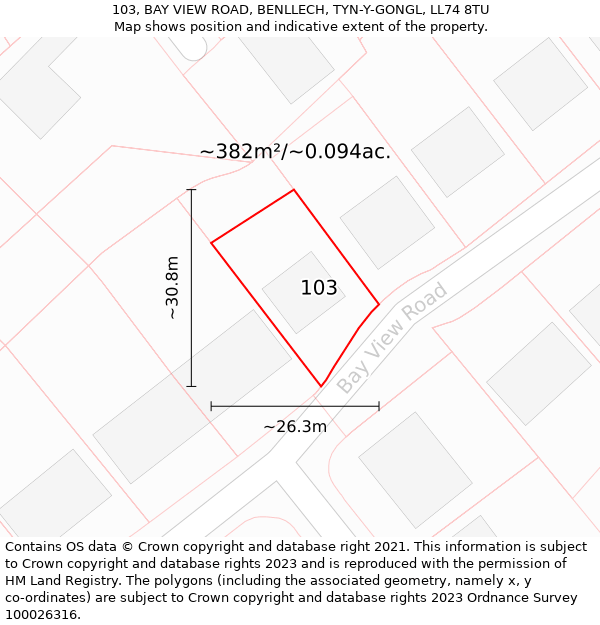 103, BAY VIEW ROAD, BENLLECH, TYN-Y-GONGL, LL74 8TU: Plot and title map