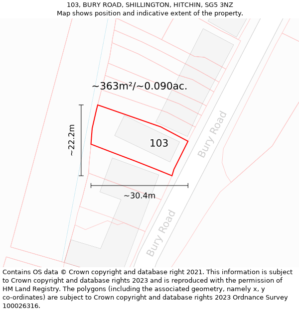 103, BURY ROAD, SHILLINGTON, HITCHIN, SG5 3NZ: Plot and title map