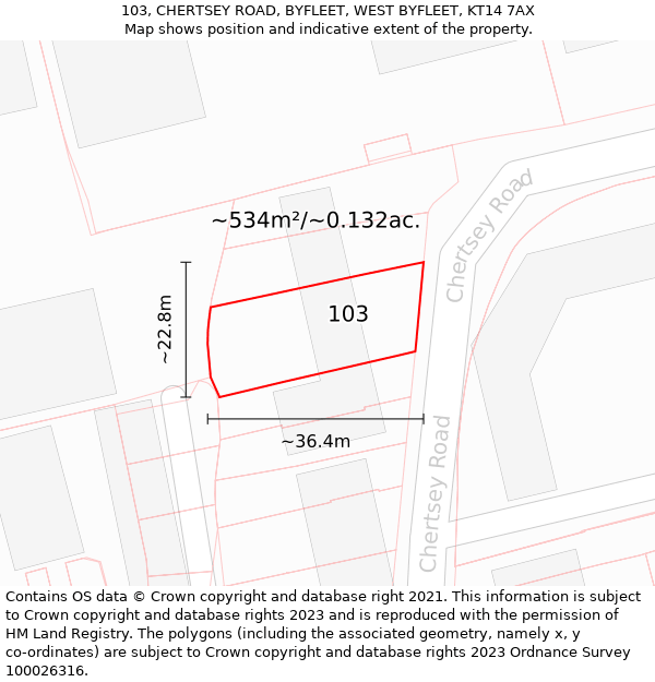 103, CHERTSEY ROAD, BYFLEET, WEST BYFLEET, KT14 7AX: Plot and title map