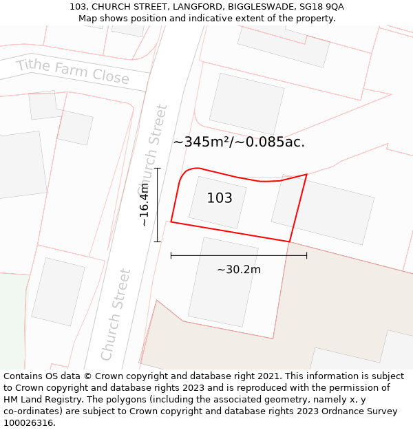 103, CHURCH STREET, LANGFORD, BIGGLESWADE, SG18 9QA: Plot and title map