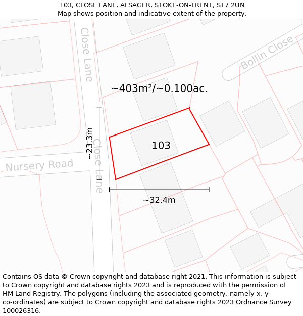 103, CLOSE LANE, ALSAGER, STOKE-ON-TRENT, ST7 2UN: Plot and title map