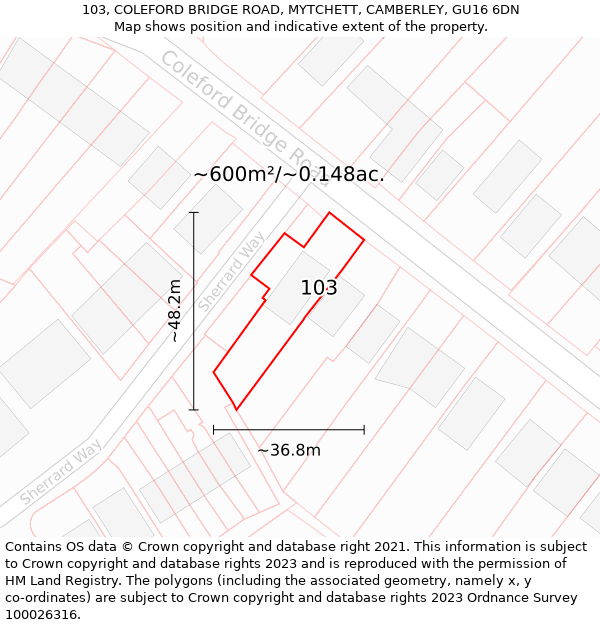 103, COLEFORD BRIDGE ROAD, MYTCHETT, CAMBERLEY, GU16 6DN: Plot and title map