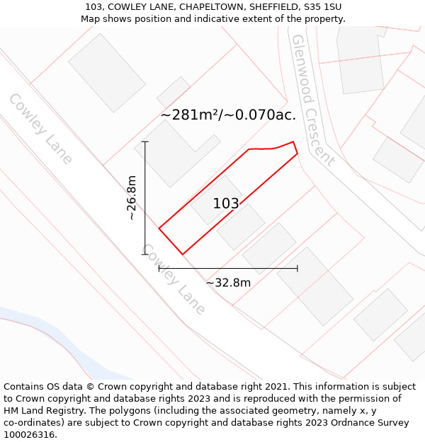 103, COWLEY LANE, CHAPELTOWN, SHEFFIELD, S35 1SU: Plot and title map