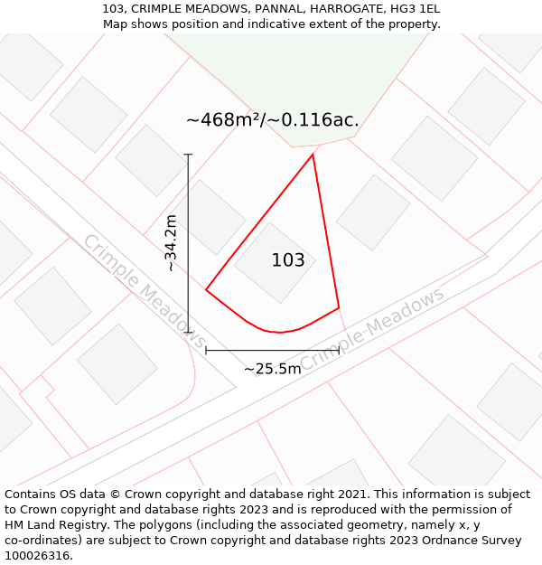 103, CRIMPLE MEADOWS, PANNAL, HARROGATE, HG3 1EL: Plot and title map