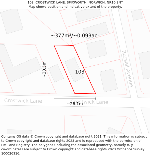 103, CROSTWICK LANE, SPIXWORTH, NORWICH, NR10 3NT: Plot and title map