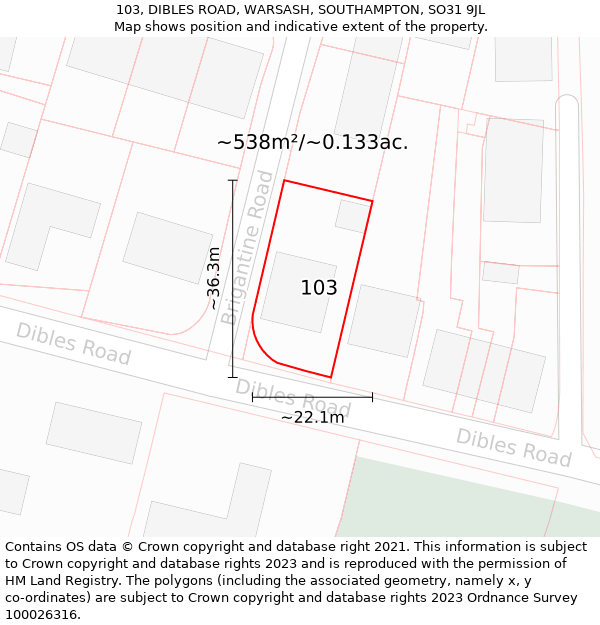 103, DIBLES ROAD, WARSASH, SOUTHAMPTON, SO31 9JL: Plot and title map