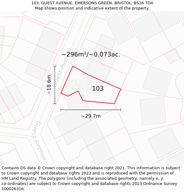 103, GUEST AVENUE, EMERSONS GREEN, BRISTOL, BS16 7DA: Plot and title map